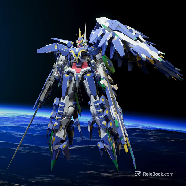 Blue And White Mecha Robot With Wings In Space Earth Background 3d model 