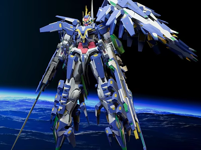 Blue And White Mecha Robot With Wings In Space Earth Background 3d model
