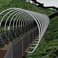 Scenic Garden Landscape With Green Hillside Winding Pathway Staircase And Arched Structure