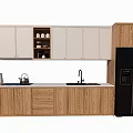 Wooden Kitchen Cabinets With Upper Lower Storage Sink Refrigerator And Kitchenware 3d model