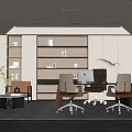 Modern Office Interior With Ergonomic Desks Chairs Shelves Sofa Area Rug And Plants