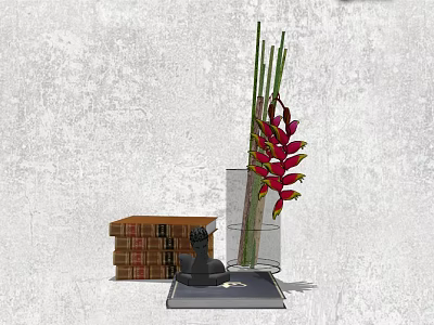 Decorative Ornament Set With Vase Red Flowers Stacked Books Black Ornament And Gray Wall 3d model