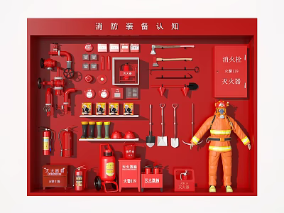 Public Fire Safety Facilities Display With Extinguishers Hydrants Firefighting Suits And Firefighter Model 3d model