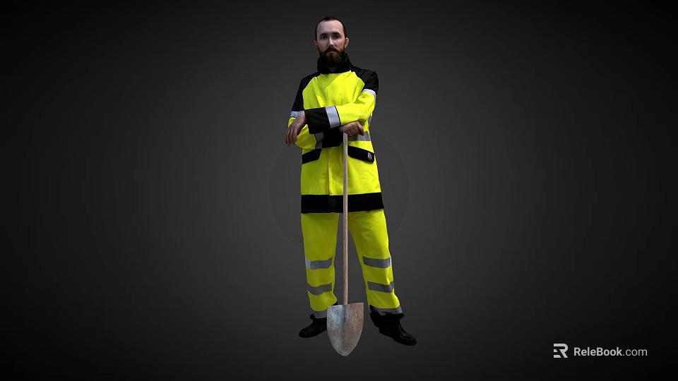 A Man in Yellow Reflective Work Uniform Holding a Shovel Against Dark Background 3d model 