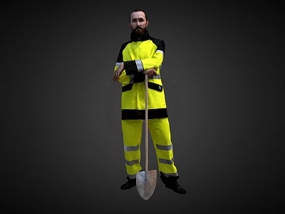A Man in Yellow Reflective Work Uniform Holding a Shovel Against Dark Background 3d model