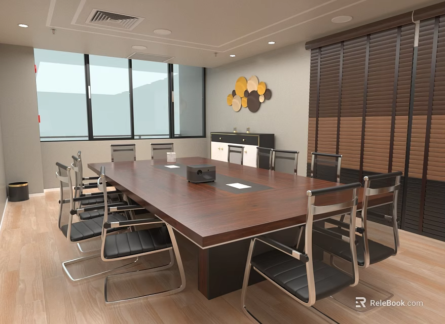Modern Conference Room Interior With Long Wooden Table Black Chairs And Large Windows 3d model 
