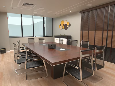 Modern Conference Room Interior With Long Wooden Table Black Chairs And Large Windows 3d model