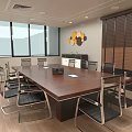 Modern Conference Room Interior With Long Wooden Table Black Chairs And Large Windows