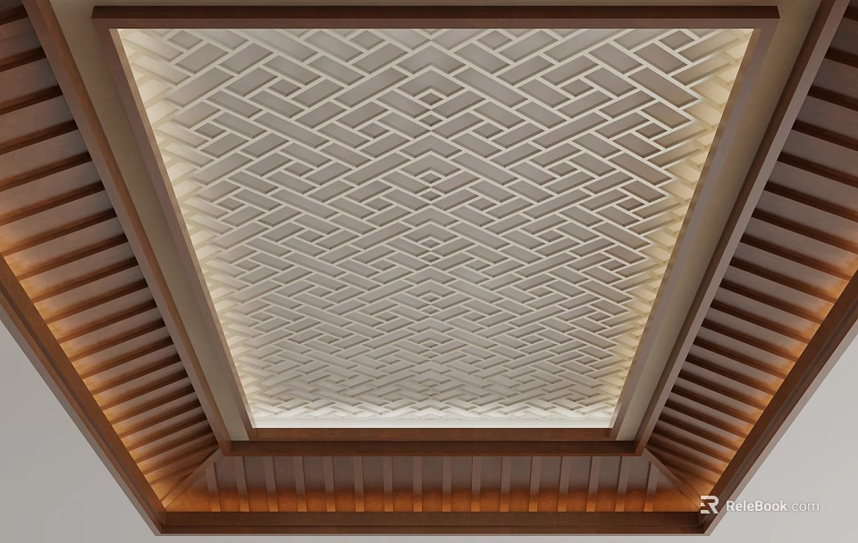 Geometric Pattern Ceiling Design Featuring Wooden Frame And Recessed Lighting Texture 3d model