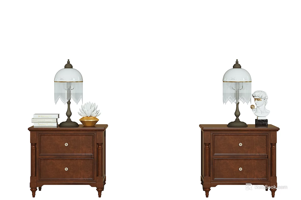 Wooden Nightstands With Drawers Table Lamp Fringed Lampshade Books Small Plant And Decorative Figurine 3d model 