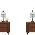 Wooden Nightstands With Drawers Table Lamp Fringed Lampshade Books Small Plant And Decorative Figurine