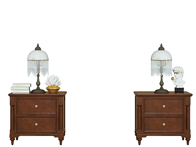 Wooden Nightstands With Drawers Table Lamp Fringed Lampshade Books Small Plant And Decorative Figurine 3d model