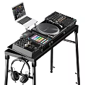 Professional Audio Equipment Setup On Table With Speakers Mixer Turntable Laptop And Headphones