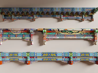 Classic Traditional Chinese Decorative Architectural Components With Colorful Painted Dragon Floral Patterns 3d model