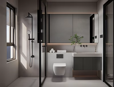 Modern Minimalist Bathroom Interior With Glass Shower Vanity Toilet Mirror And Cabinets 3d model