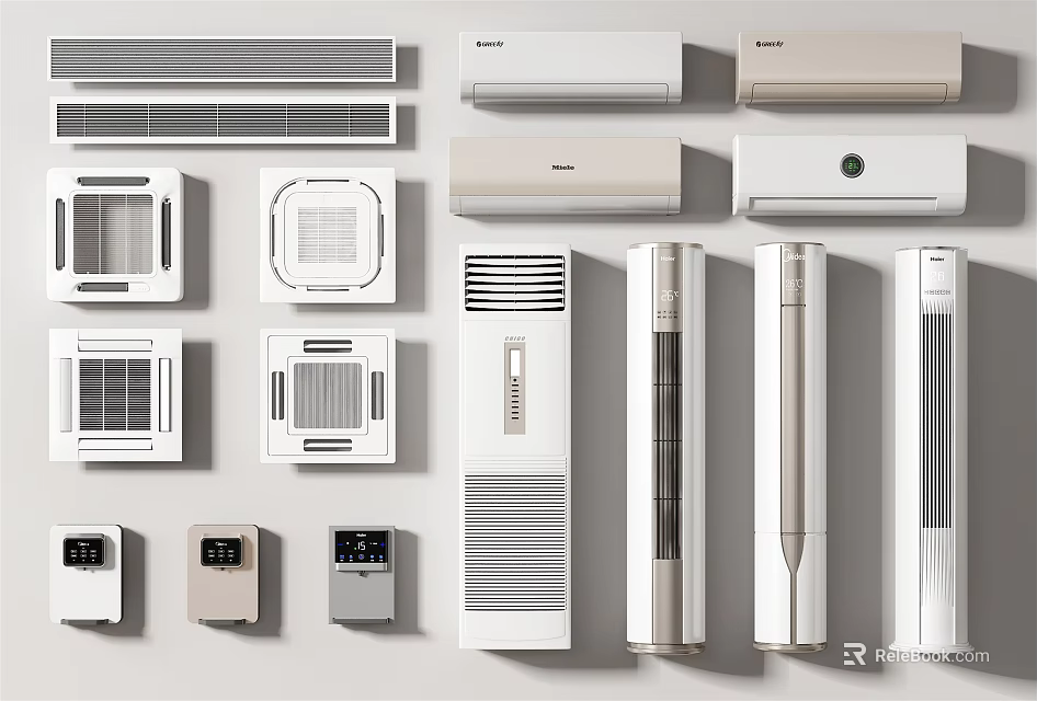Air Conditioner Fans Including Wall Mounted Floor Standing Ceiling Types and Control Panels 3d model 