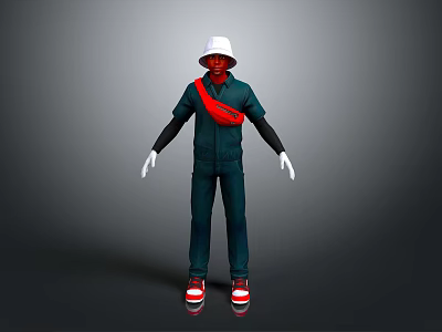 3D Character Outfit Design With Green Overalls White Hat Red Scarf White Gloves And Shoes 3d model