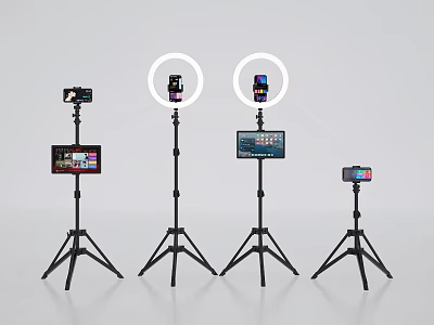 Live Streaming Equipment Setup With Tripods Smartphones Ring Lights And Screens 3d model