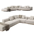 L Shaped Beige Sectional Sofa With Plush Pillows And Throw Blanket 3d model