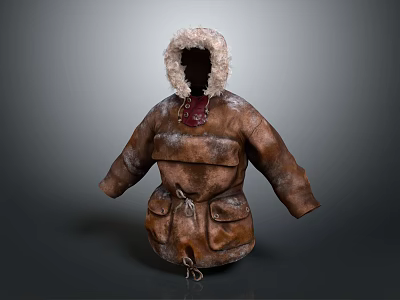 Brown Distressed Leather Parka With Fur Lined Hood Pockets And Drawstring 3d model