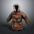 Brown Distressed Leather Parka With Fur Lined Hood Pockets And Drawstring 3d model