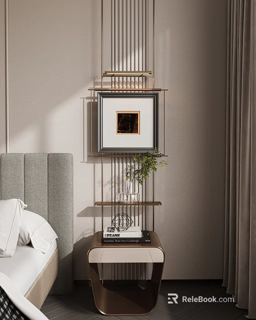 Abstract Painting In Bedroom With Shelving Greenery And Nightstand 3d model 