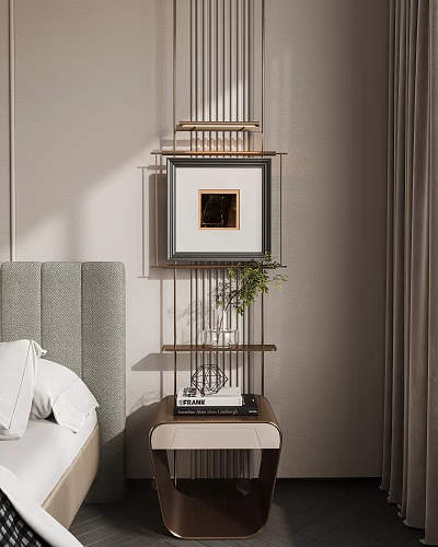 Abstract Painting In Bedroom With Shelving Greenery And Nightstand 3d model