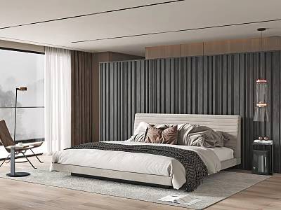 Modern Bedroom With Large Bed Upholstered Headboard Pillows Area Rug And Window Curtains 3d model