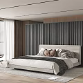 Modern Bedroom With Large Bed Upholstered Headboard Pillows Area Rug And Window Curtains