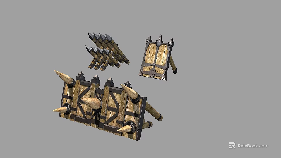 Set of Medieval Wooden Spiked Defensive Structures With Shields And Barriers 3d model 