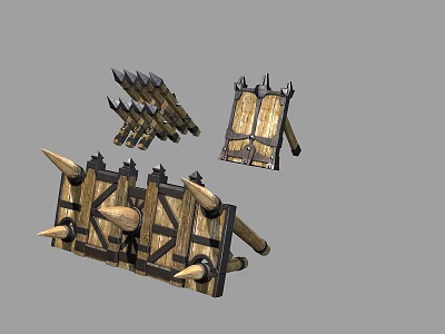 Set of Medieval Wooden Spiked Defensive Structures With Shields And Barriers 3d model