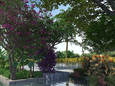 Lush Garden Landscape With Purple Flowers Green Trees Water Feature And Colorful Blooms 3d model