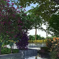 Lush Garden Landscape With Purple Flowers Green Trees Water Feature And Colorful Blooms