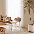 Wooden Dining Table Set With Chairs Sideboard Cabinet And Potted Plant In Natural Light