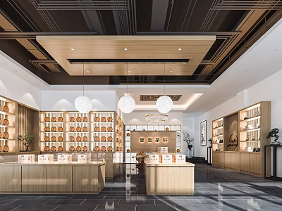 Modern Boutique Interior Design With Wooden Shelves And Pendant Lights 3d model