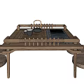 Traditional Wooden Tea Table And Chairs With Tea Set And Round Woven Cushions