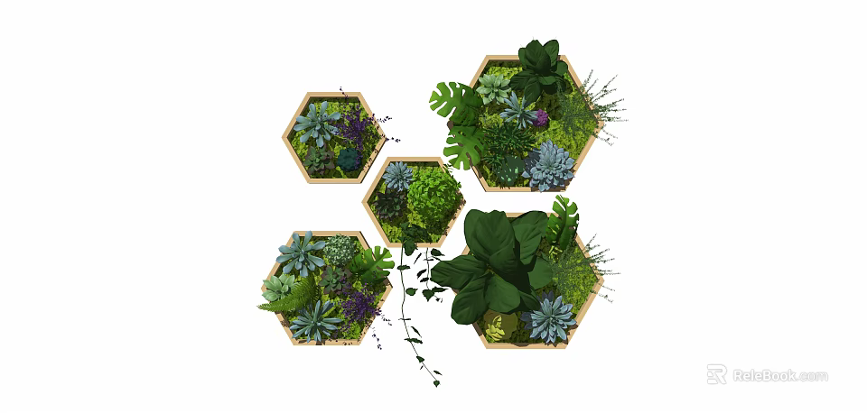 Vertical Garden With Hexagonal Planters And Lush Green Plants With Hanging Vines 3d model 
