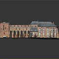 Scenic Landscape Featuring Red Brick Building With Arched Structures Blue Roof And Green Plants