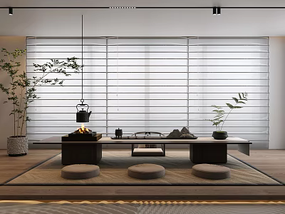 Modern Japanese Tea Room Interior With Tatami Mats Louvered Windows And Green Plants Tea Set 3d model