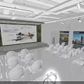 Modern Indoor Conference Space With White Transparent Chairs Green Backdrop And Front Projection Screen