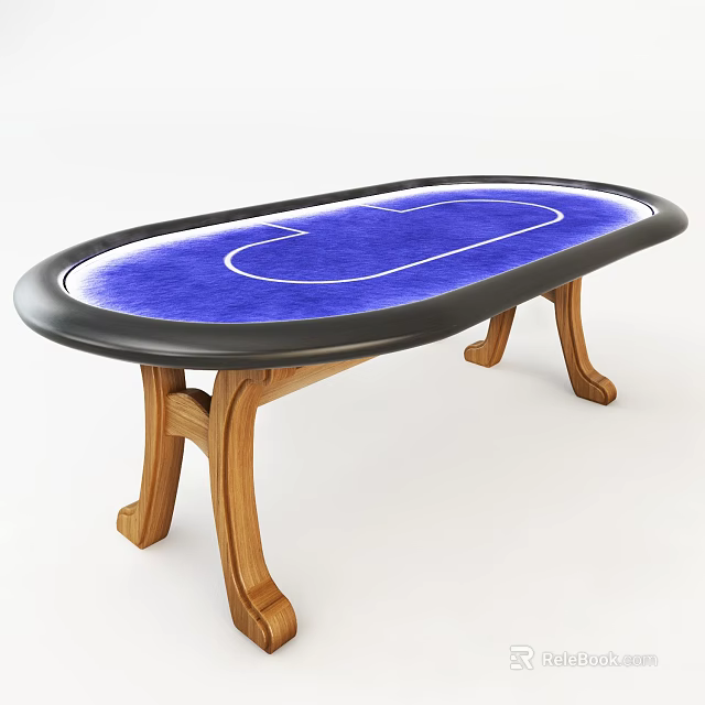 Oval Poker Table With Blue Felt Surface White Outline And Wooden Legs 3d model 