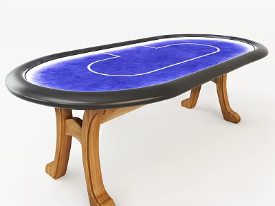 Oval Poker Table With Blue Felt Surface White Outline And Wooden Legs 3d model