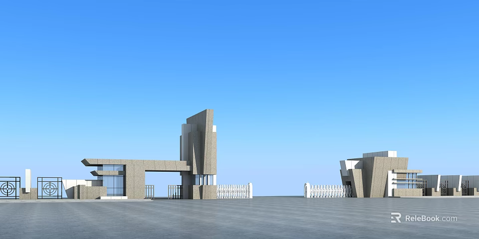 Modern Entrance Gate With Geometric Concrete Structure And Open Plaza Under Clear Blue Sky 3d model 