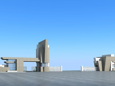 Modern Entrance Gate With Geometric Concrete Structure And Open Plaza Under Clear Blue Sky 3d model