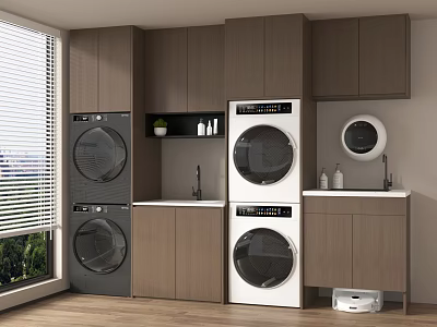 Modern Wooden Balcony Cabinet With Washing Machine Dryer Sink And Storage Space 3d model