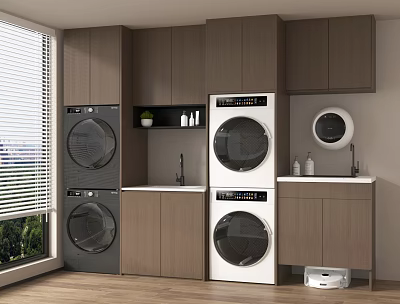 Modern Wooden Balcony Cabinet With Washing Machine Dryer Sink And Storage Space 3d model