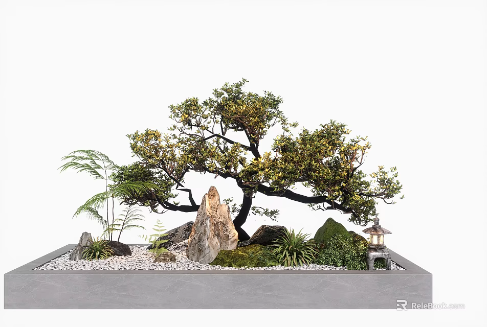 Traditional Garden Landscape With Bonsai Tree Decorative Rocks Green Moss Small Lantern And Gravel 3d model 