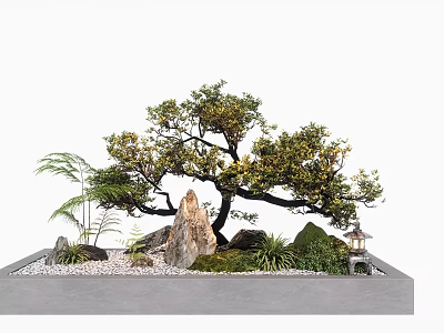 Traditional Garden Landscape With Bonsai Tree Decorative Rocks Green Moss Small Lantern And Gravel 3d model