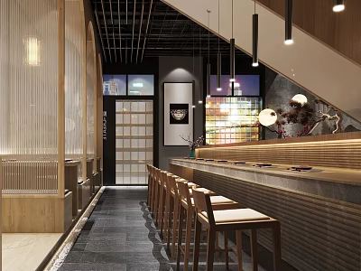 Modern Restaurant Interior With Wooden Bar Counter Hanging Lights And Stools 3d model