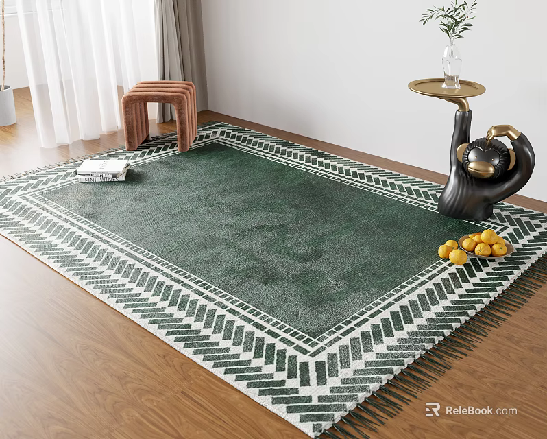 Green Square Rug With Geometric Pattern And Fringe Edges In Living Room Interior Space 3d model 